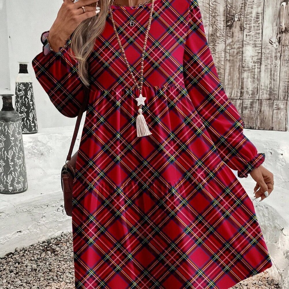 Multicolor Casual Women's Plus Size Plaid Loose Crew Neck Long Sleeve Sweatshirt